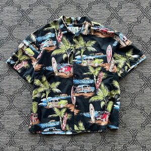Vintage KY'S Hawaiian Shirt Mens XL Black Car Surfboard Button Tropical Aloha‎